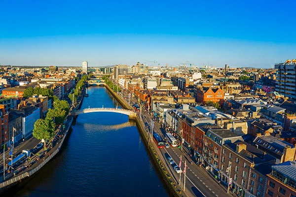 Dublin Ireland with Liffey river aerial view