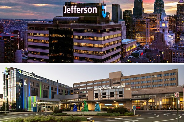 Composite image of Jefferson's Philadelphia headquarters and a Lehigh Valley Health Network location