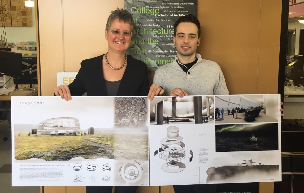 Executive dean Barbara Klinkhammer and architecture student Austin Dimare with the winning entry, “Hring Friðar.”