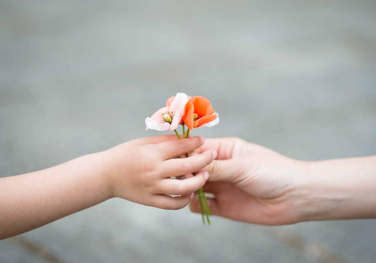 mother and child sharing flowers 