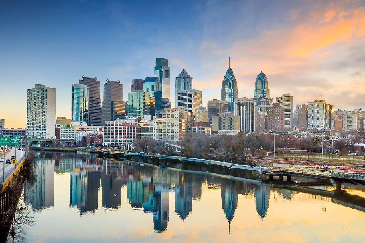 Downtown Skyline of Philadelphia, Pennsylvania at twilight in USA