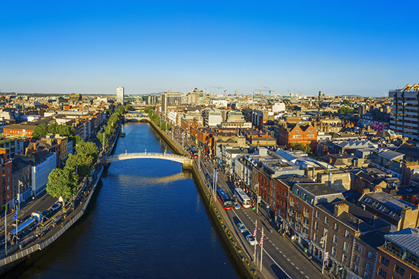 Dublin Ireland with Liffey river aerial view