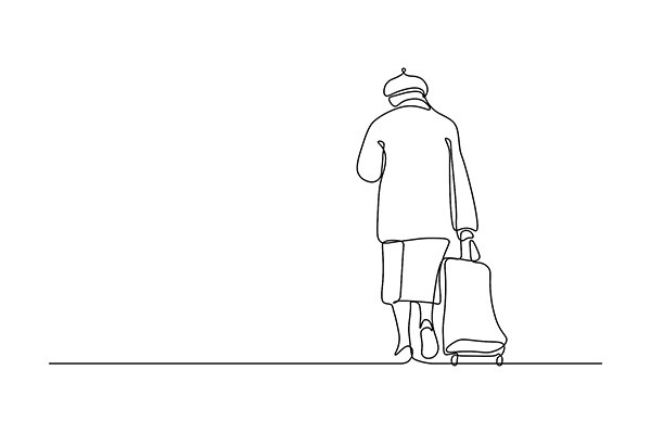 Elderly woman walking with wheelie bag in continuous line art drawing style. Minimalist black linear sketch isolated on white background. Vector illustration