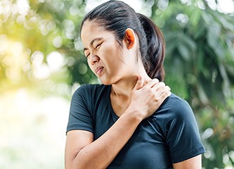 young asian woman with pain in shoulder , Ache in human body , office syndrome , health care concept