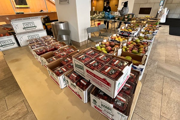 Boxes of pacakged fruit on tables 