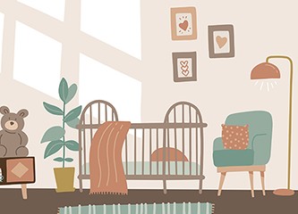 Modern comfortable baby toddler bedroom, nursery room interior. Baby crib, chair, table and plant. Wall with decorations and window light. Flat style vector illustration in pastel colors. Scandinavian style