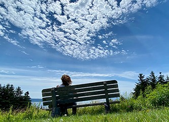 Back view of a woman sitting on a bench and enjoying the scenic blue sky in the nature