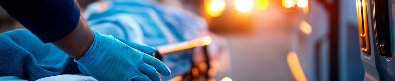 Paramedic's hands in blue medical gloves pushing wheeled stretcher with patient covered in blanket toward open ambulance doors medical equipment visible on stretcher road scene