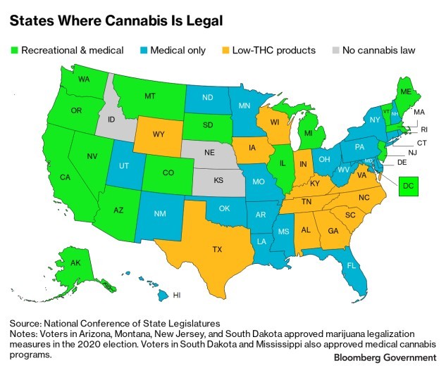 Map of states where cannabis is legal