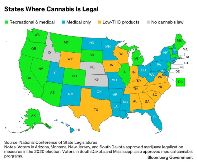 Map of states where cannabis is legal