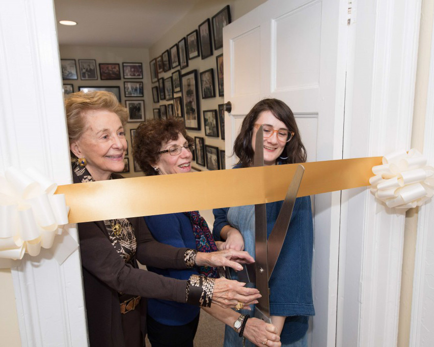 Joan Specter, Specter Center coordinator Karen Albert and textile design student Robin Althouse cut the ribbon.
