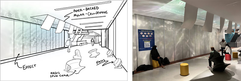 A concept sketch and the realized light installation created by Rachel Hannah to investigate the effect of dynamic lighting on students