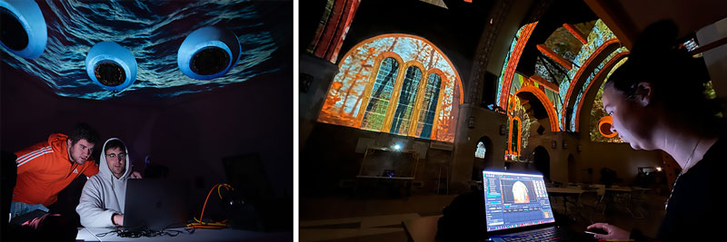 Students using MadMapper software to animate the interior of the chapel