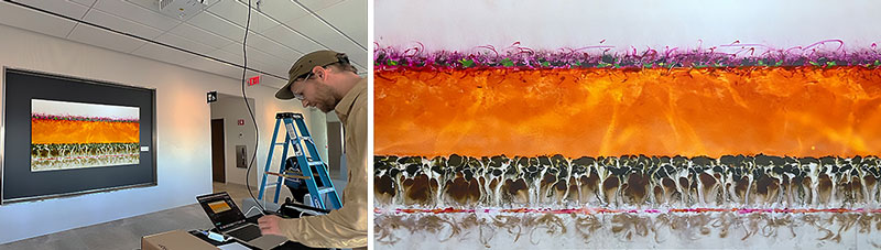 Above Left: Mapping the animation onto the artwork  Above Right: Liquid Horizon 88, located in Honickman Center’s 10th floor waiting area in the Department of Neurology.