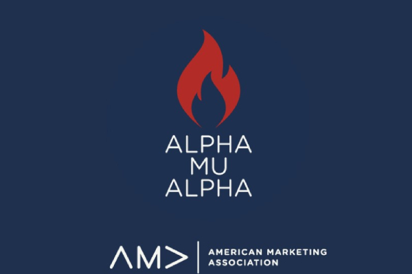 Alpha mu Alpha logo depicting a blue flame nested inside of a larger red flame.