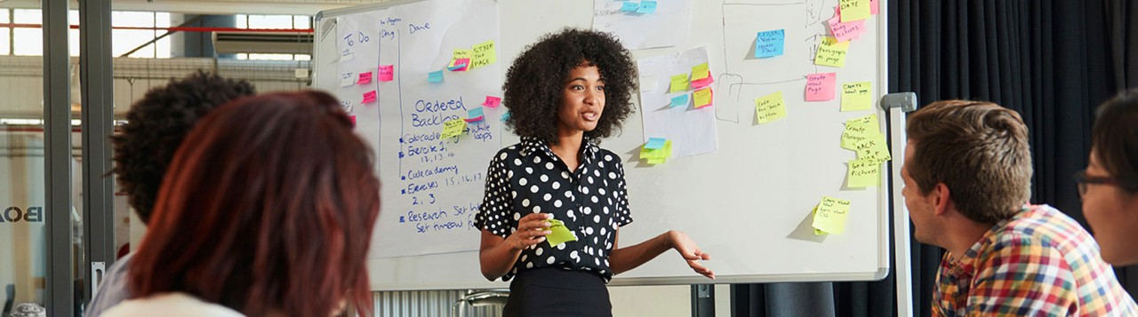  Student presenting her business plan at Jefferson's Master of Business Administration (MBA) program