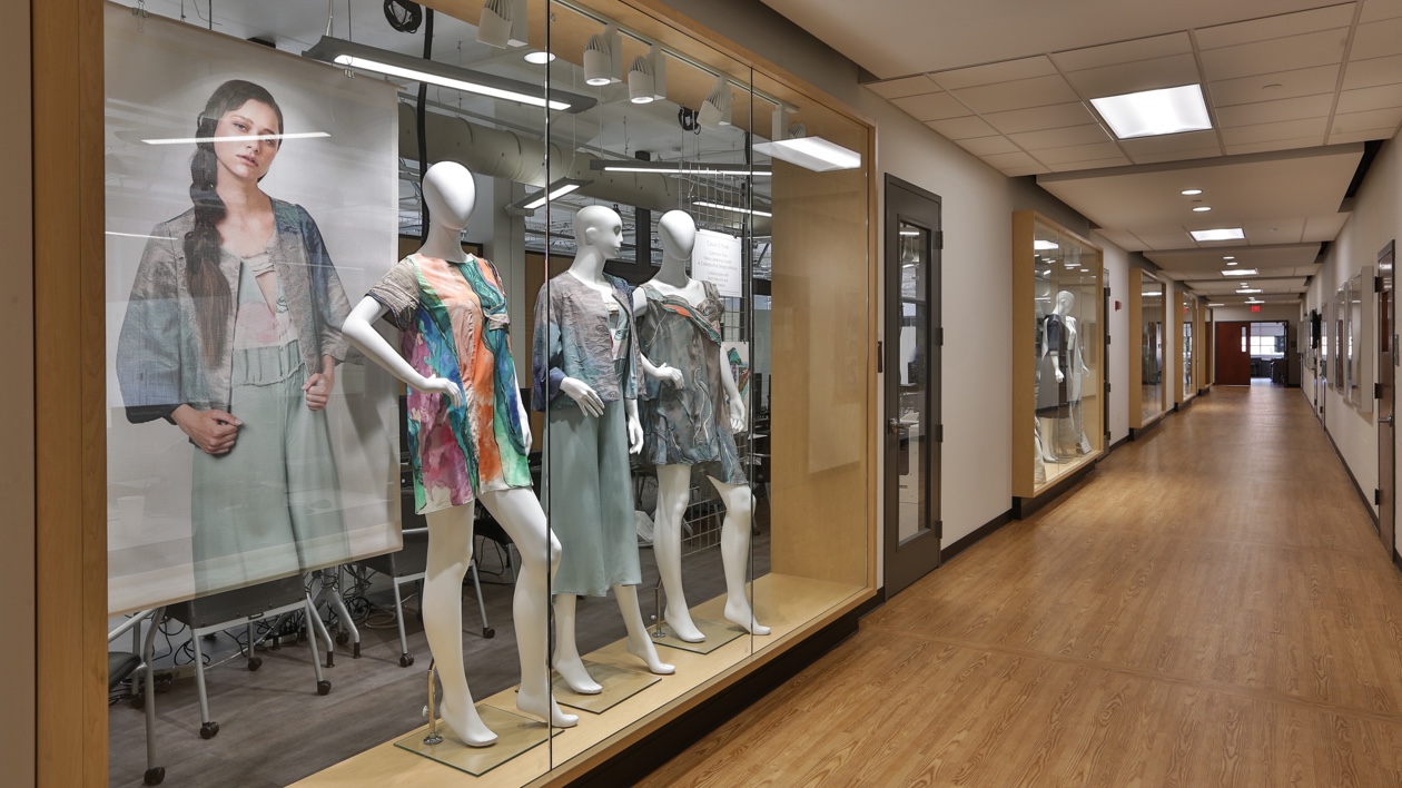 Three mannequins on display in Thomas Jefferson University's Fashion and Textiles Futures Center