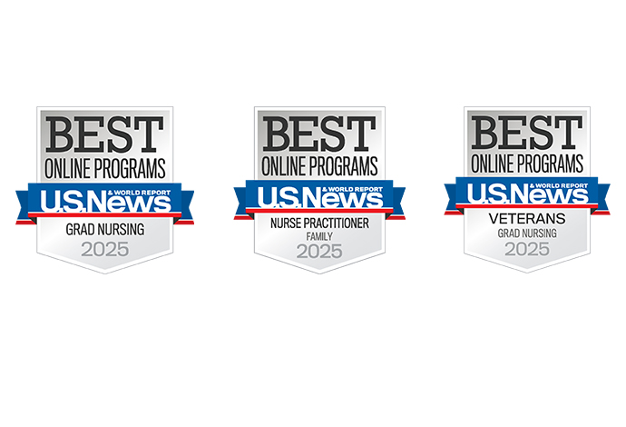 2025 Best Online Programs U.S. News badges for Graduate Nursing , Veterans Graduate Nursing, and Nurse Practitioner