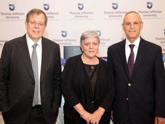 Dr. Mark L. Tykocinski, Provost and Executive Vice President of Thomas Jefferson University; Professor Dina Ben-Yehuda, Fean of the Hebrew University Hadassah Faculty of Medicine; and Dr. Zvi Grunwald, Firector of the Jefferson Israel Center, at the announcement of the Jefferson Israel Center.