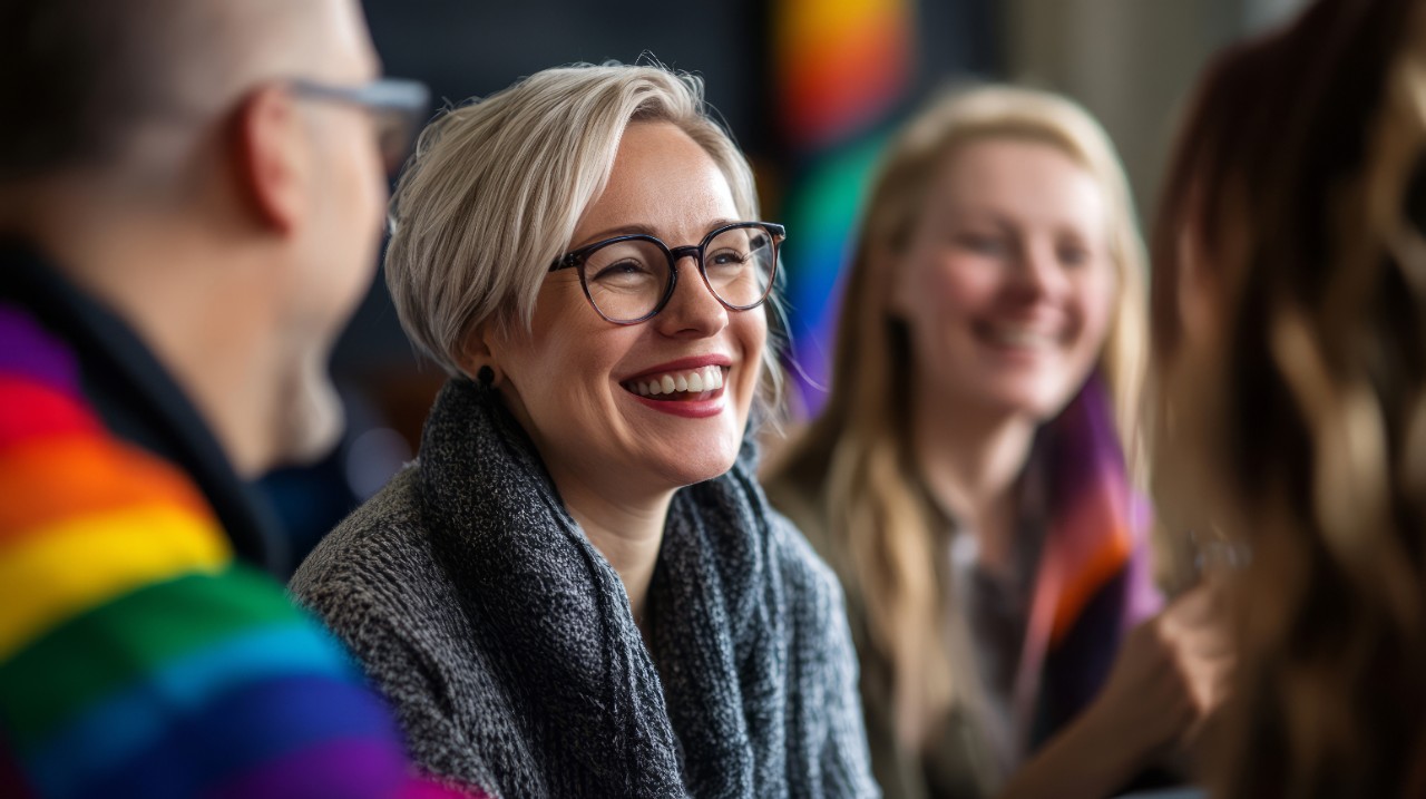 Individuals from various age groups gather at a community center, engaging in heartfelt conversations and sharing experiences during LGBT History Month.