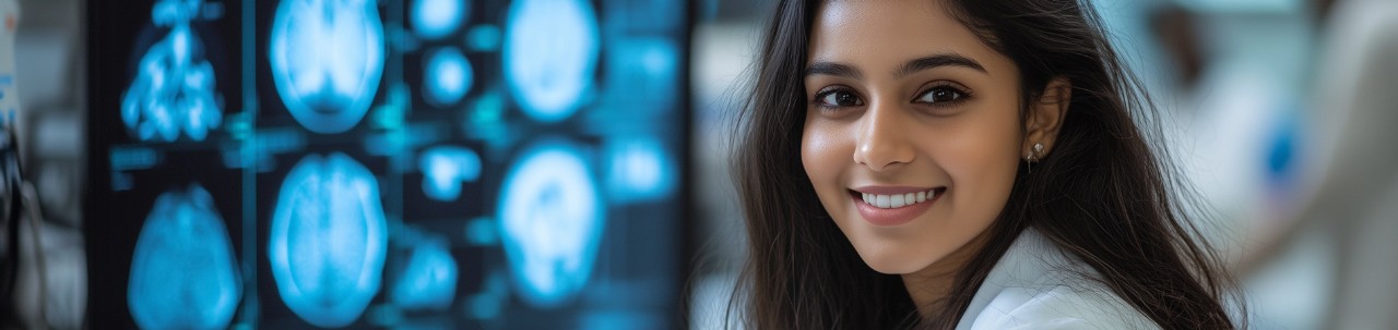 Smiling female Indian doctor reviewing brain MRI scans Smiling female Indian doctor reviewing brain MRI scans
