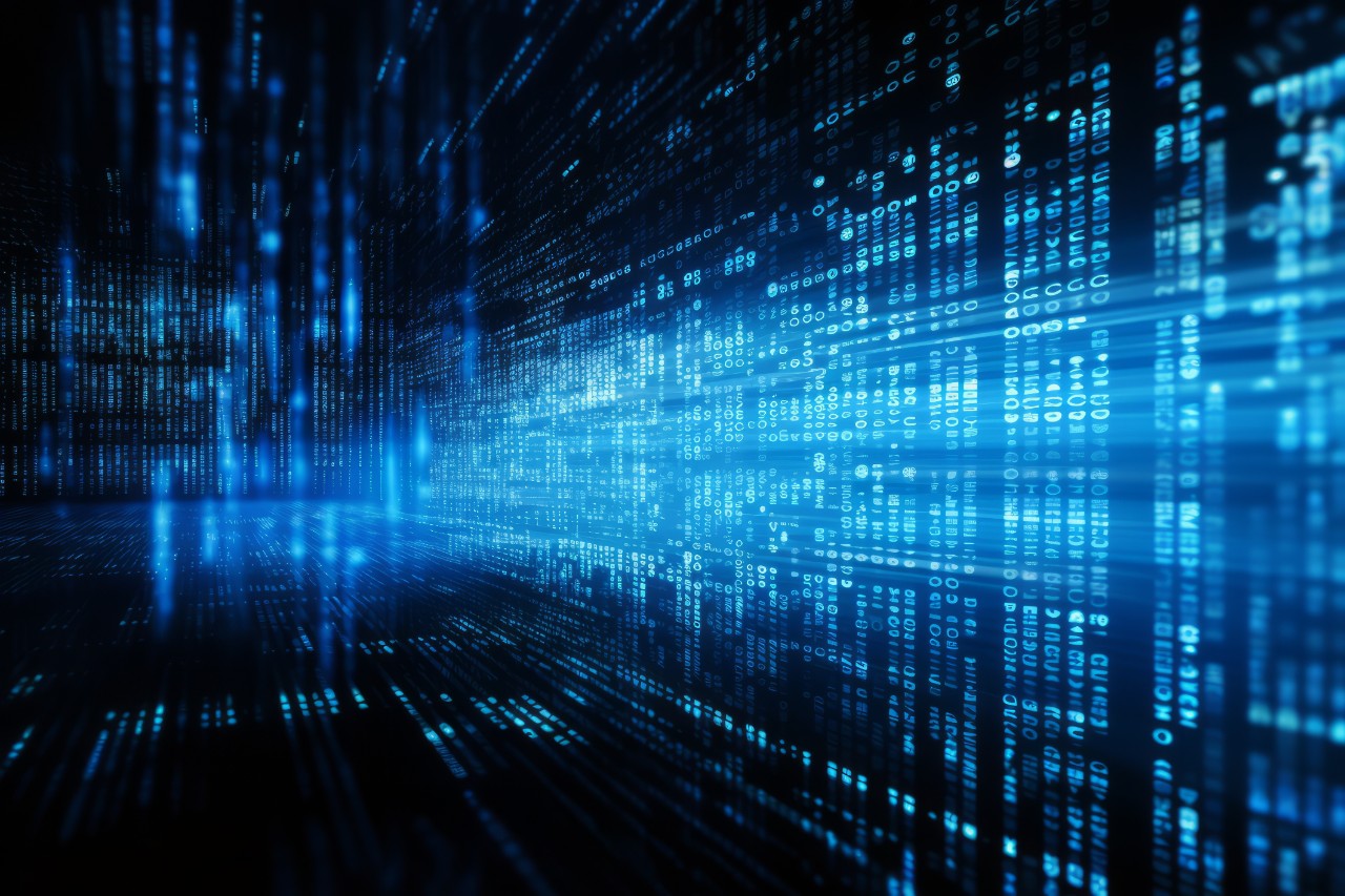 Blue digital binary data on computer screen background.