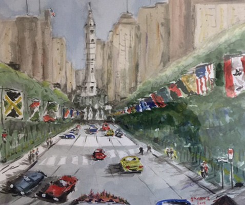 One of Marks's paintings depicting the view of Philadelphia’s City Hall looking down Benjamin Franklin Parkway