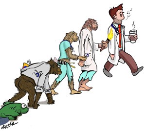 Artwork by Natter showing the evolution from a fish to a doctor
