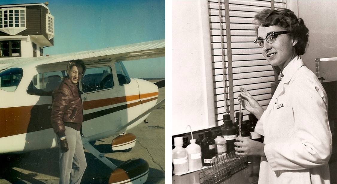 Image 1: King with her plane / Image 2: King in a lab