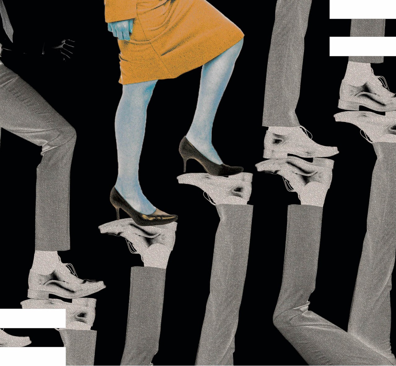 Artistic representation of a woman climbing the professional ladder. The illustration portrays a woman’s feet climbing up stairs amid many male feet.