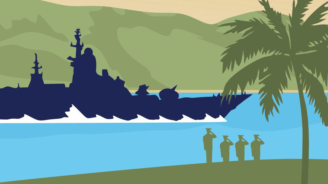 This image shows an illustration of a warship on water with soldiers saluting on shore.