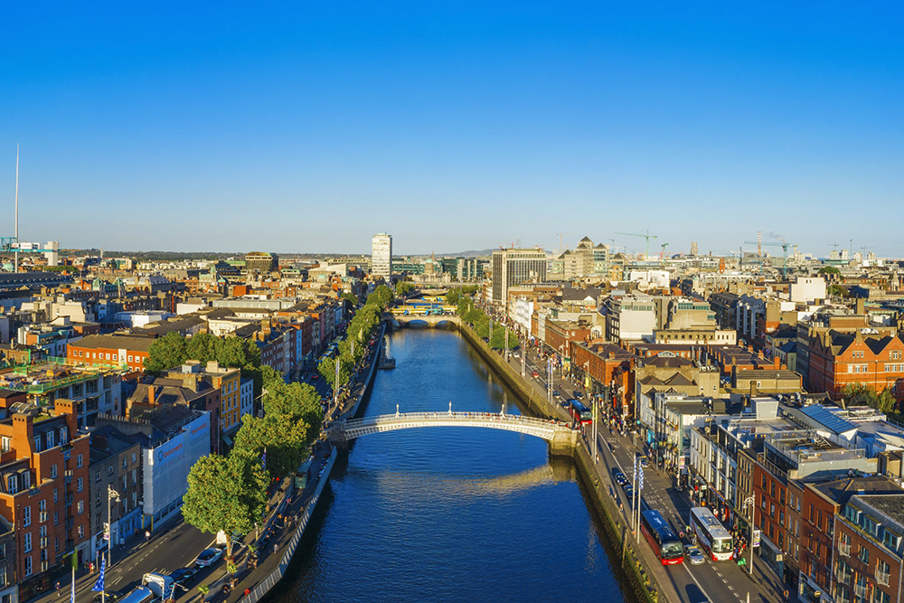 Dublin Ireland with Liffey river aerial view