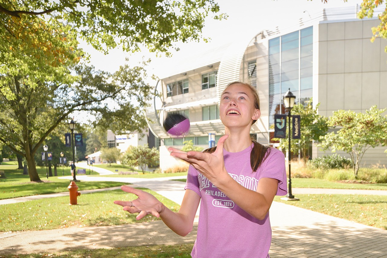 Student juggling on Jefferson's East Falls campus