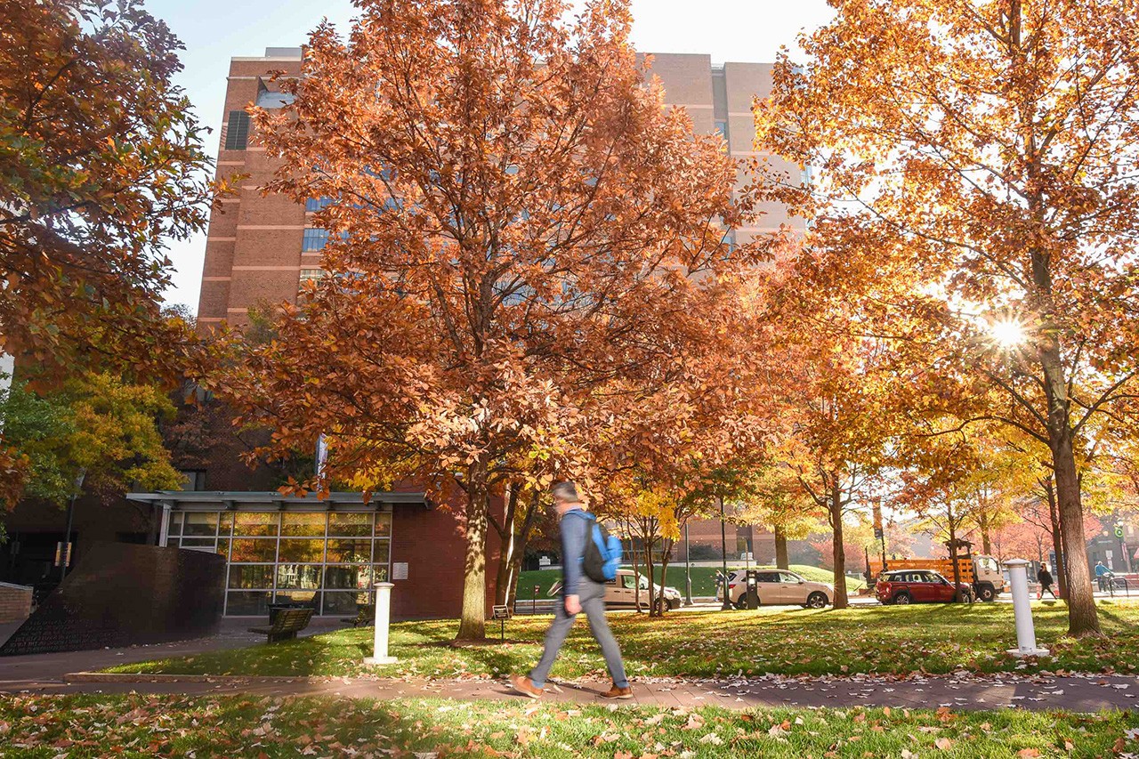 Center City Campus in fall twilight