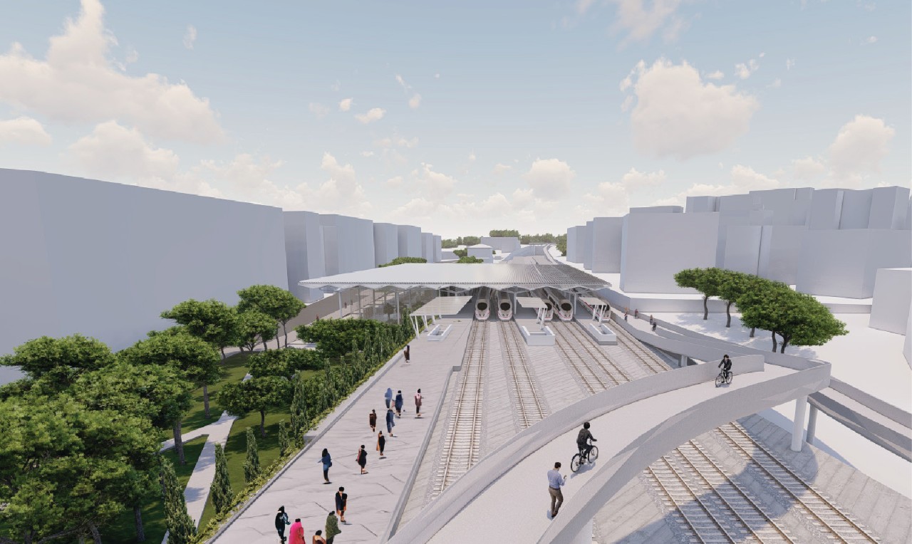 Viaduct crossing over the tracks | Linear Park and welcome center