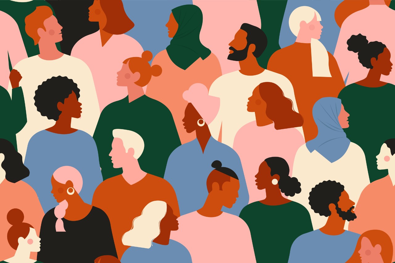 Diverse Group of People Crowd of young and elderly men and women in trendy hipster clothes. Diverse group of stylish people standing together. Society or population, social diversity. Flat cartoon vector illustration.