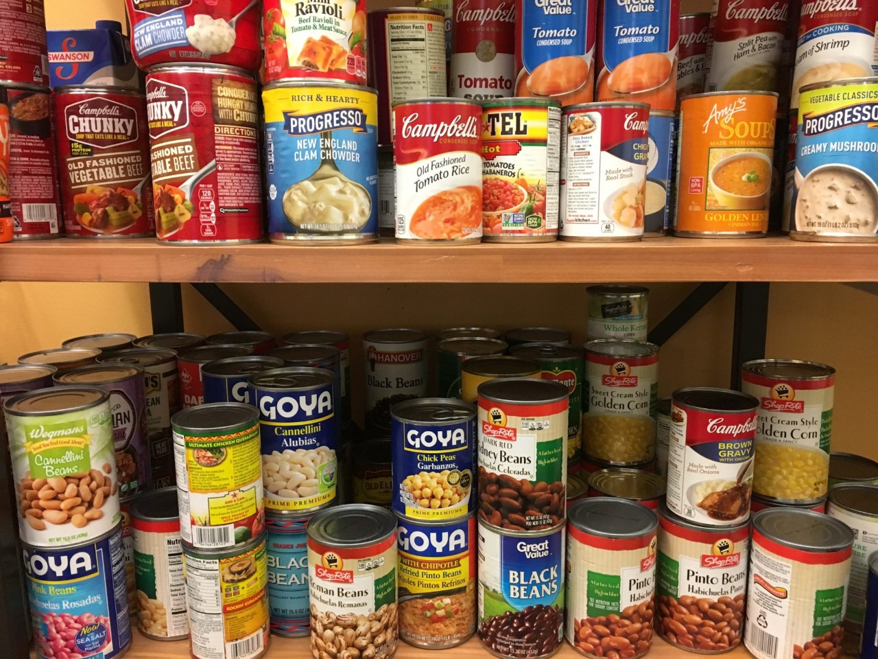 Canned food on shelves