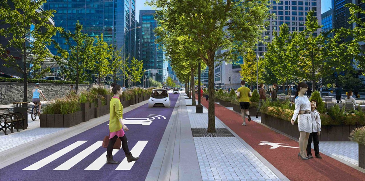 Rendering of driverless car of city street