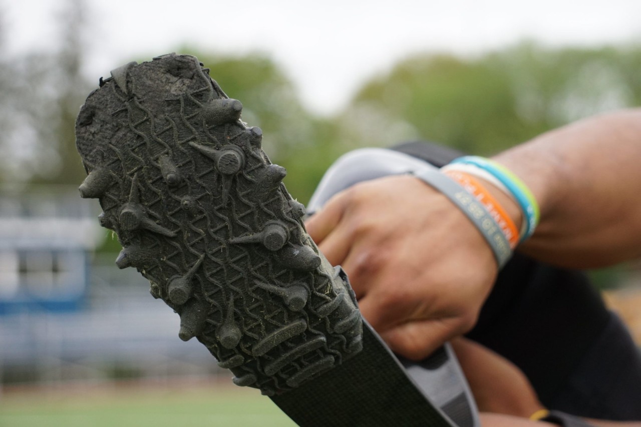 Kody Kasey practices in the new cleat attachment