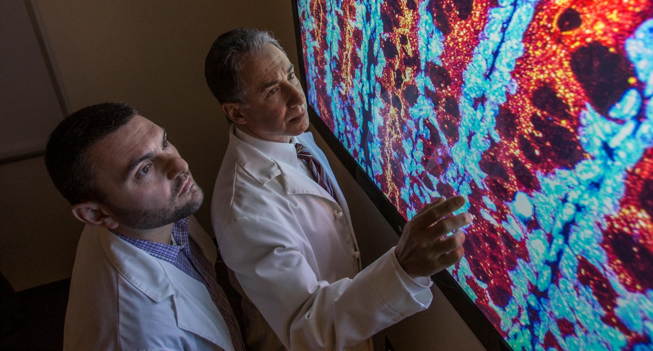 Adam Snook and Scott Waldman look at colon cancer slide