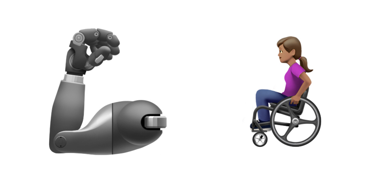 Apple's new disability-themed emoji provide a more inclusive experience for all. There are now options that depict users of both power and self-propelled mobility devices, individuals who communicate using sign language, and individuals who use sight-seeing canes, in addition to prosthetic limbs and hearing aids.