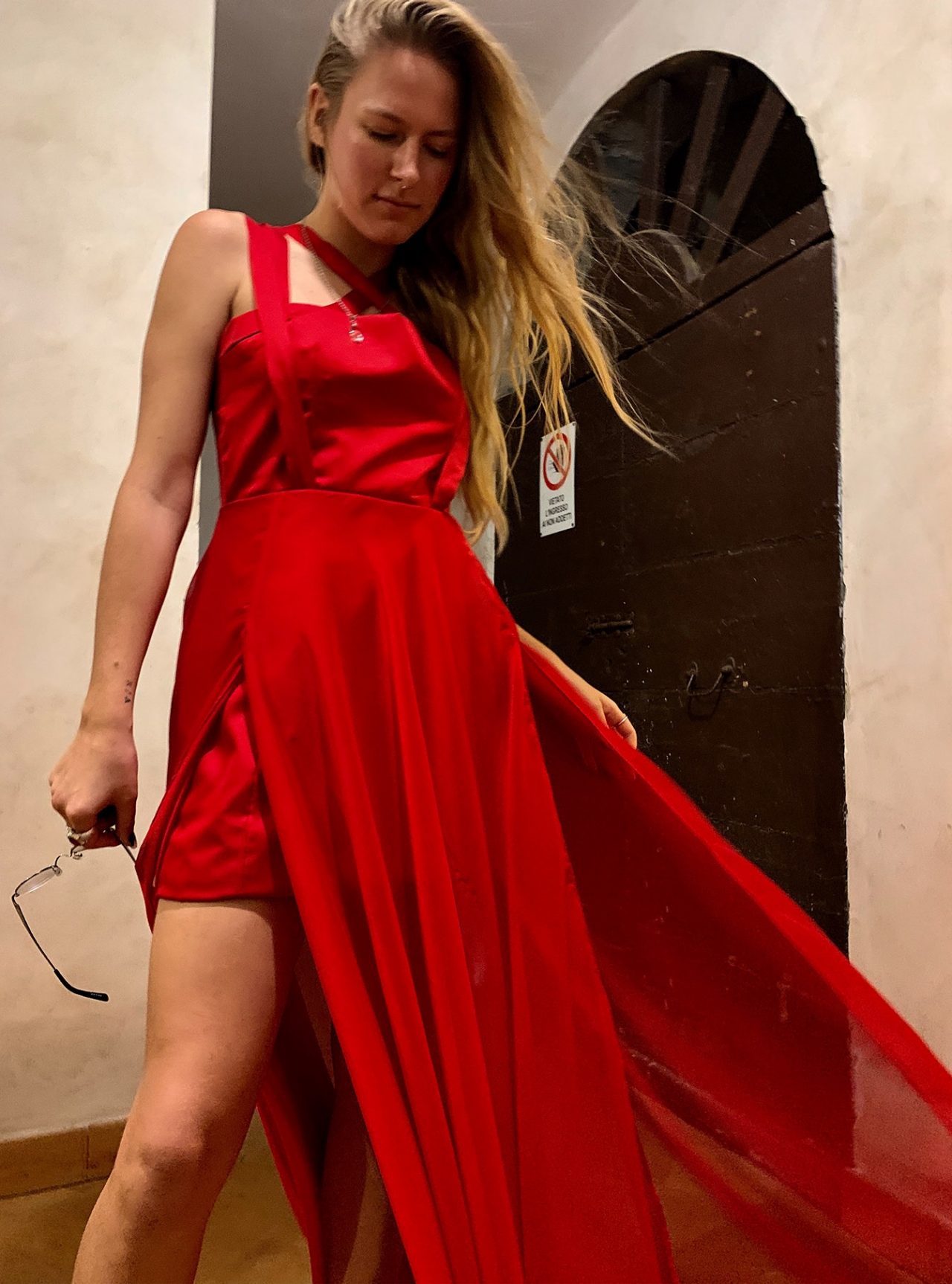 Model in red dress