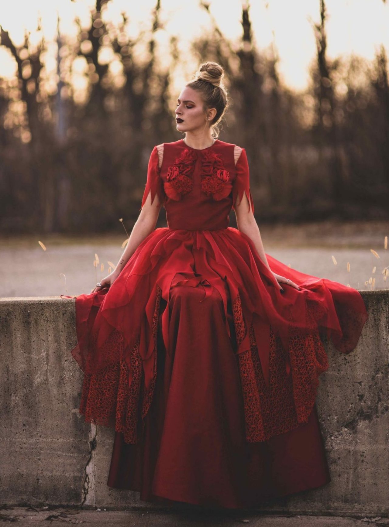 Model in red dress