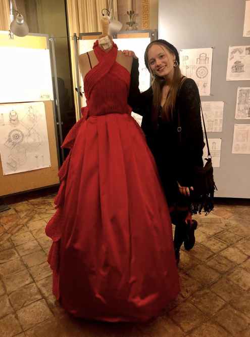 Model in red dress