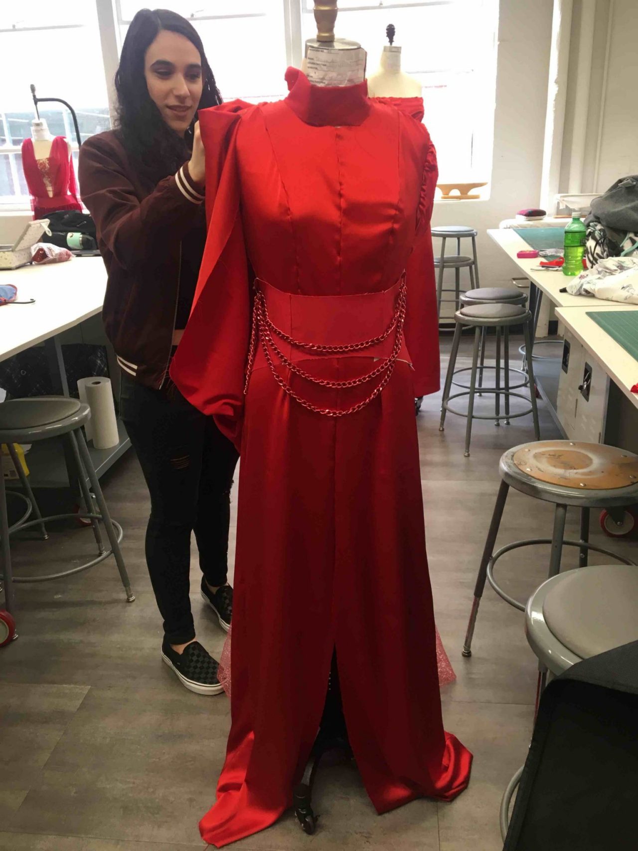 Model in red dress