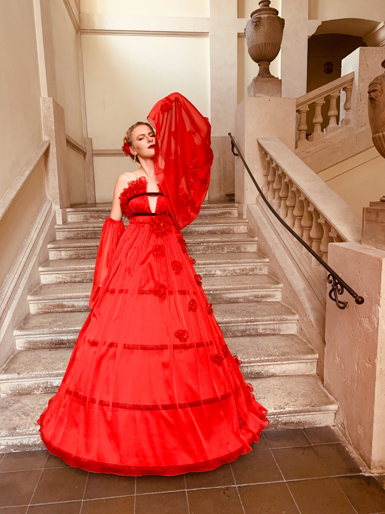 Model in red dress