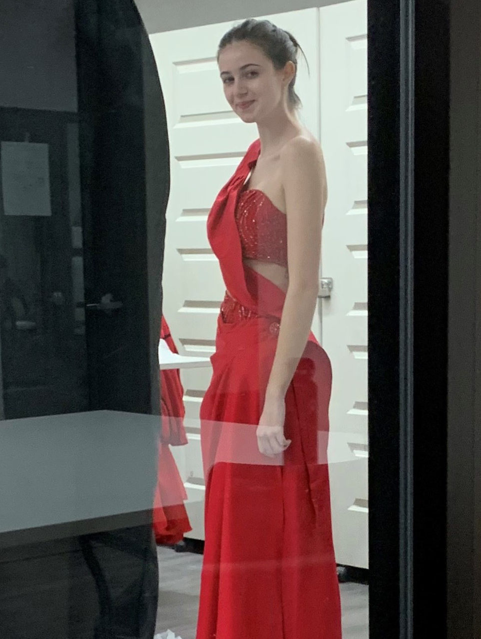 Model in red dress