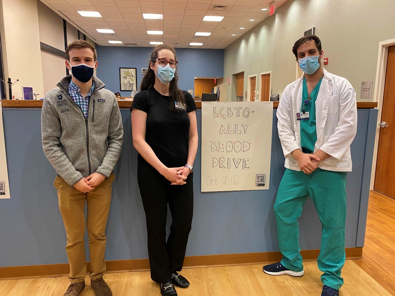 Colin Yost, Dr. Alexis Peedin and Adam Cohen-Nowak in the Jefferson Blood Donor Center during the Ally Blood Drive.