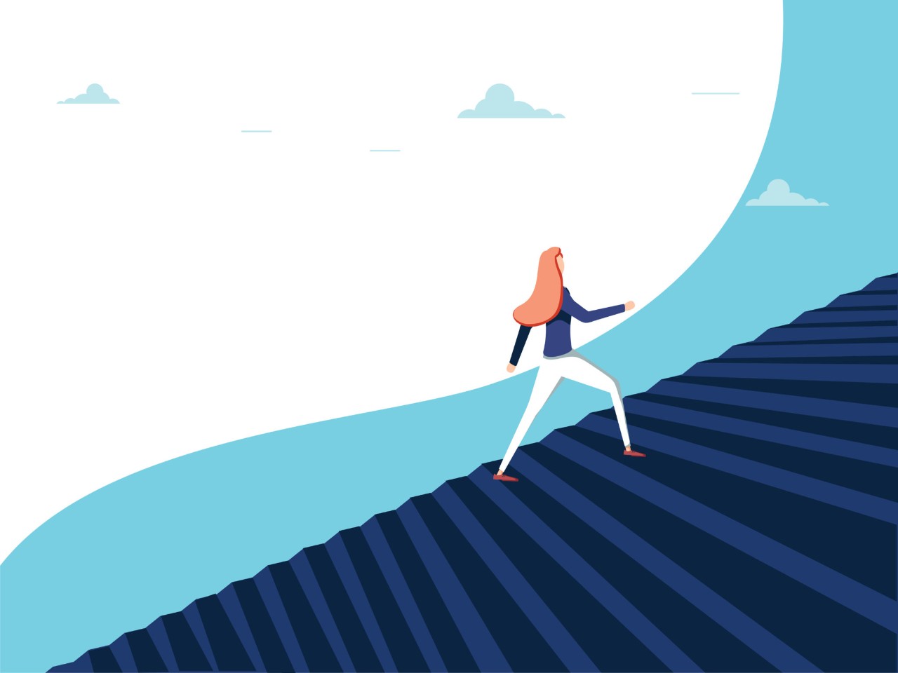 First Destination Buisnesswoman climbing career steps vector concept. Symbol of ambition, motivation, success in career promotion. Eps10 vector illustration. Business opportunity concept for feminism. Woman in business (Buisnesswoman climbing career steps vector concep