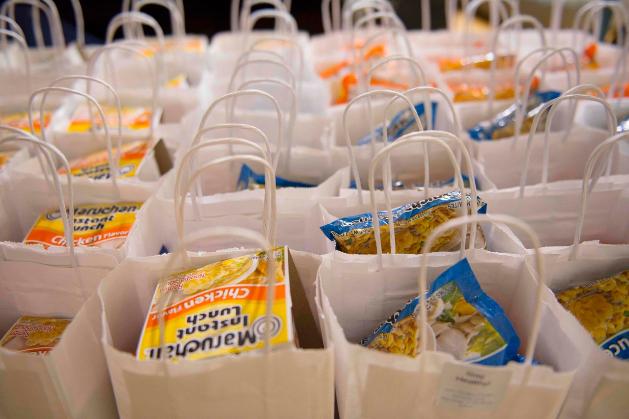 Goodies bags of ramen for students